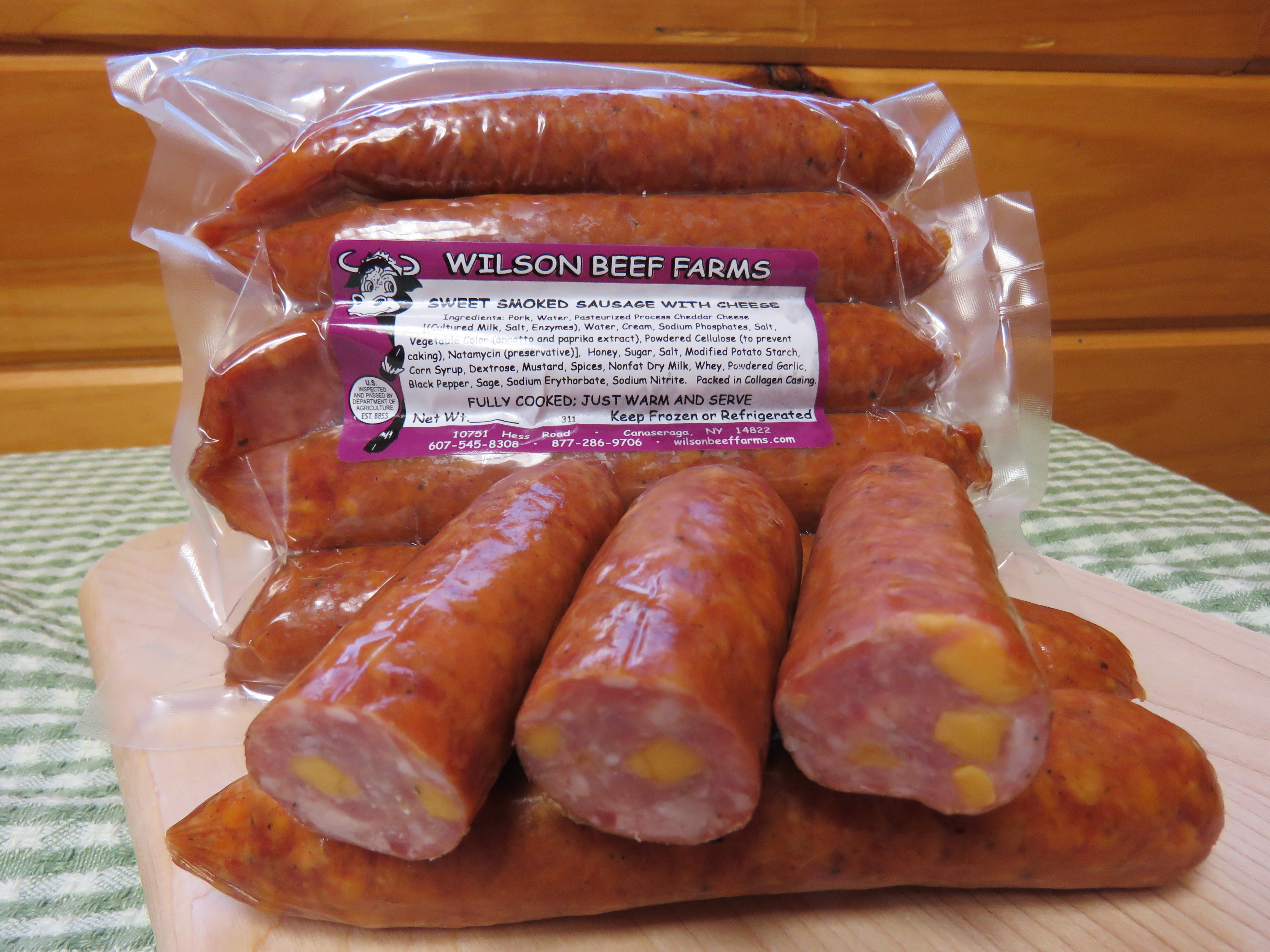 Sweet Smoked Sausage with Cheese 6.19/LB Wilson Beef Farms